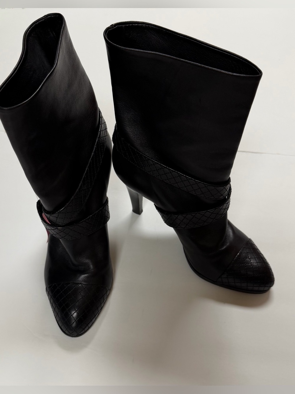 CHANEL Black Quilted-Trim Leather Mid-Calf Heeled Boots